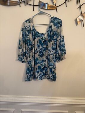 a.n.a Blue Floral Peasant Blouse